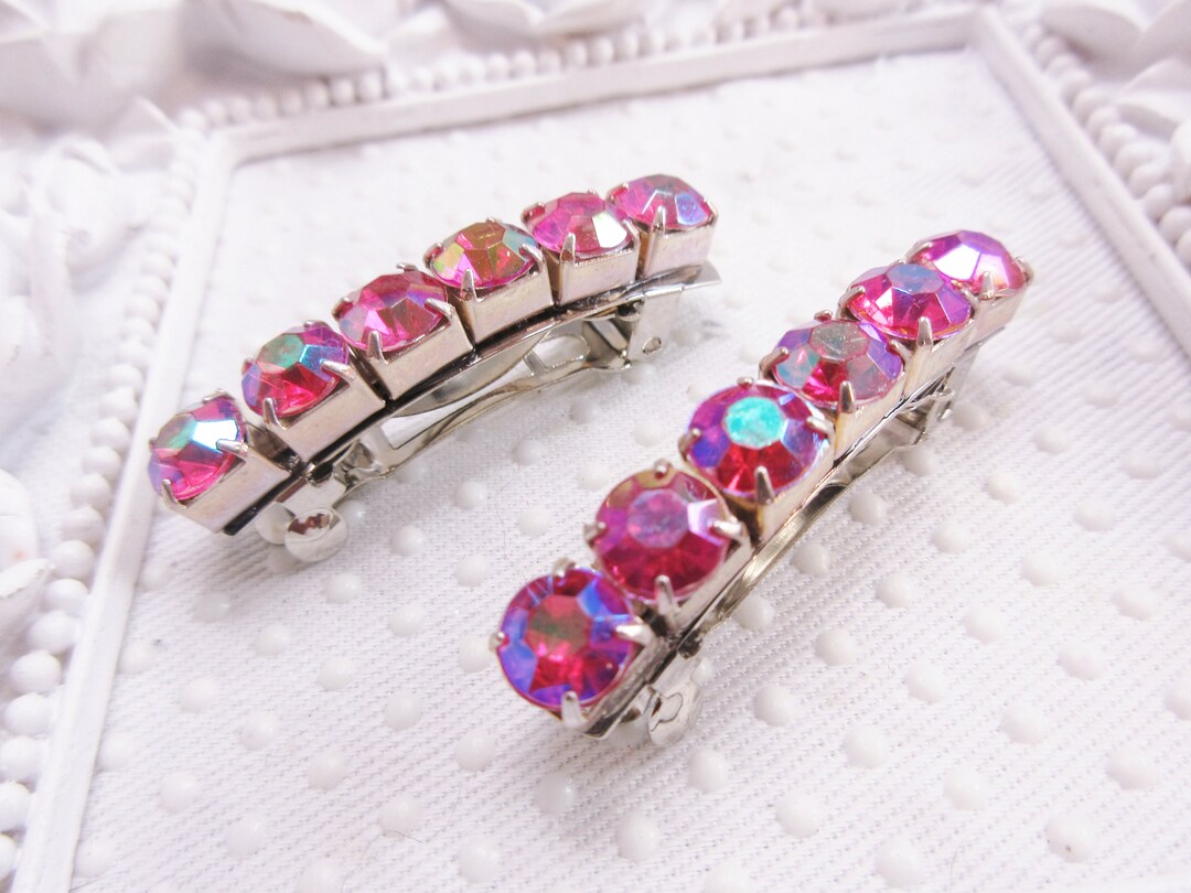 Berry Pink Color Rhinestone Mini Barrette PAIR, Color Changing Mini ...