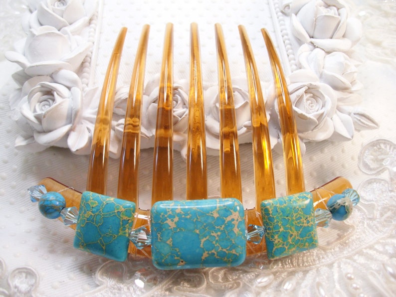 Turquoise Imperial Jasper and Swarovki crystal elements French Twist Large hair comb Jasper French comb gift comb Semi precious hair comb