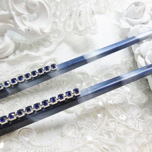 Vintage Tie Dyed Denim Indigo Blue Oriental hair stick Pair with 3.5 mm Austrian Crystals, Blue Swirl Crystal Hair Sticks pair Dance Wedding