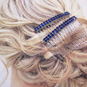 3.5 mm Double Row Sapphire Color Austrian Crystal Side Hair comb pair Brass settings, Salsa Dance Brides Something Blue hair combs