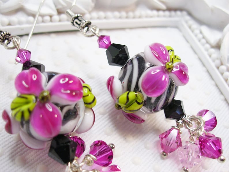 Animal print earrings Zebra earrings SRA lampwork Lotus flower earrings Jungle Earrings Exotic Earrings