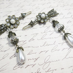 Edwardian Inspired Rhinestone Crystal and Simulated Pearl Drops Clip Barrette PAIR, Romantic Theme Art deco Wedding barrette Hair clips