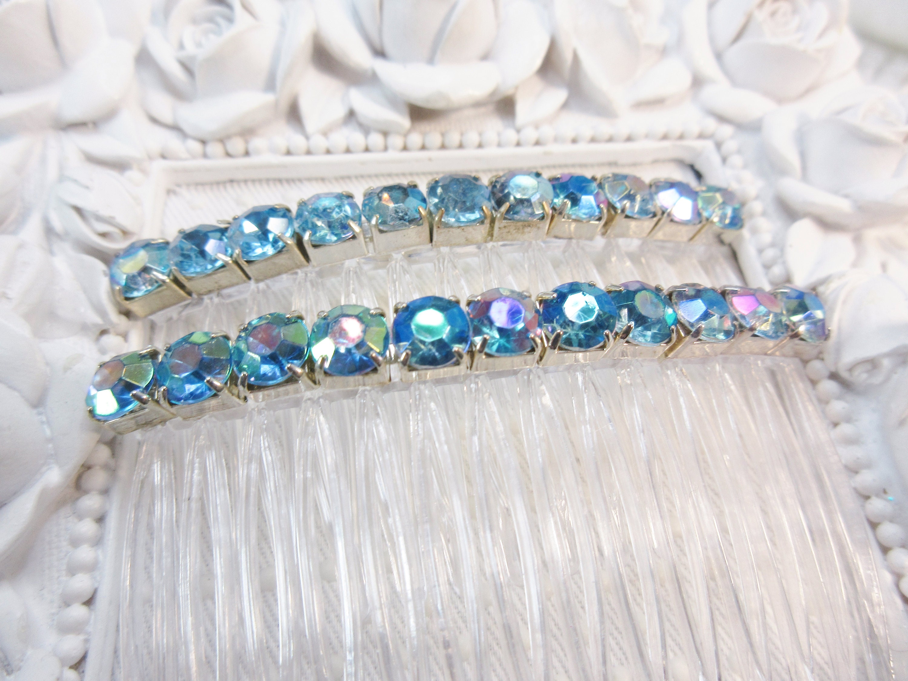 Vintage Aurora Borealis Iridescent Blue and Brown Hair Combs Aurora Borealis Hair Comb - Etsy main image 4
