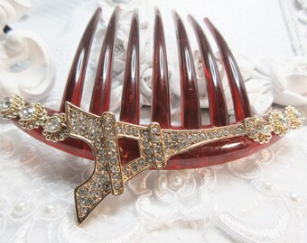 Paris France Eiffel Tower French Hair Comb Large Clear CZ Rhinestones For Dark Hair
