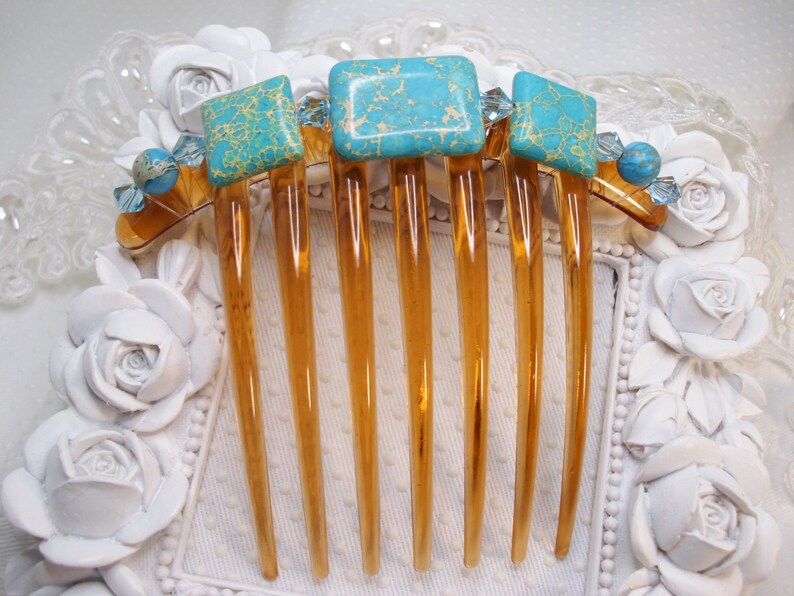 Turquoise Imperial Jasper and Swarovki crystal elements French Twist Large hair comb Jasper French comb gift comb Semi precious hair comb