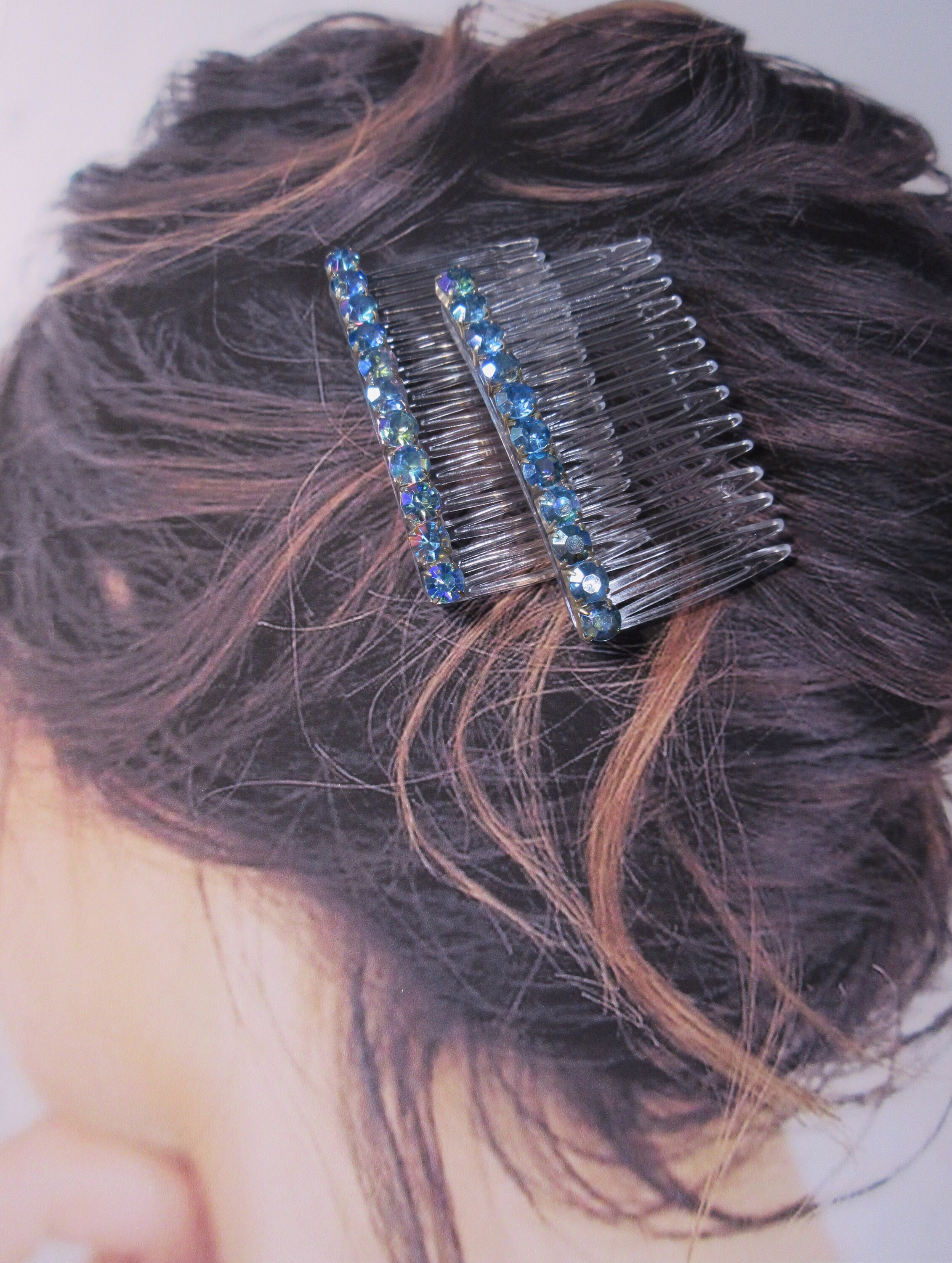 Vintage Aurora Borealis Iridescent Blue and Brown Hair Combs Aurora Borealis Hair Comb - Etsy main image 3