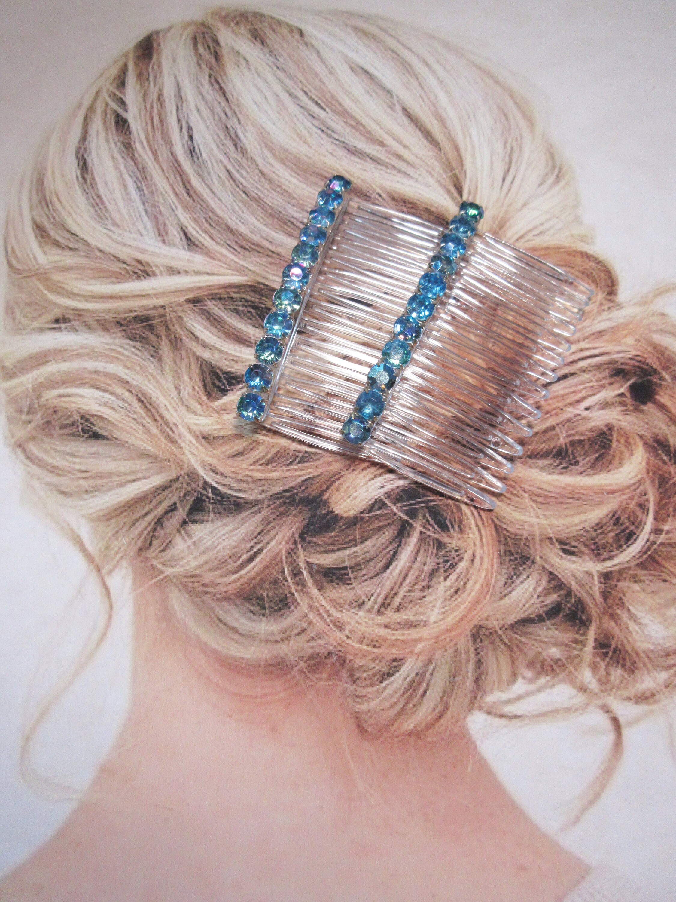 Vintage Aurora Borealis Iridescent Blue and Brown Hair Combs Aurora Borealis Hair Comb - Etsy main image 2