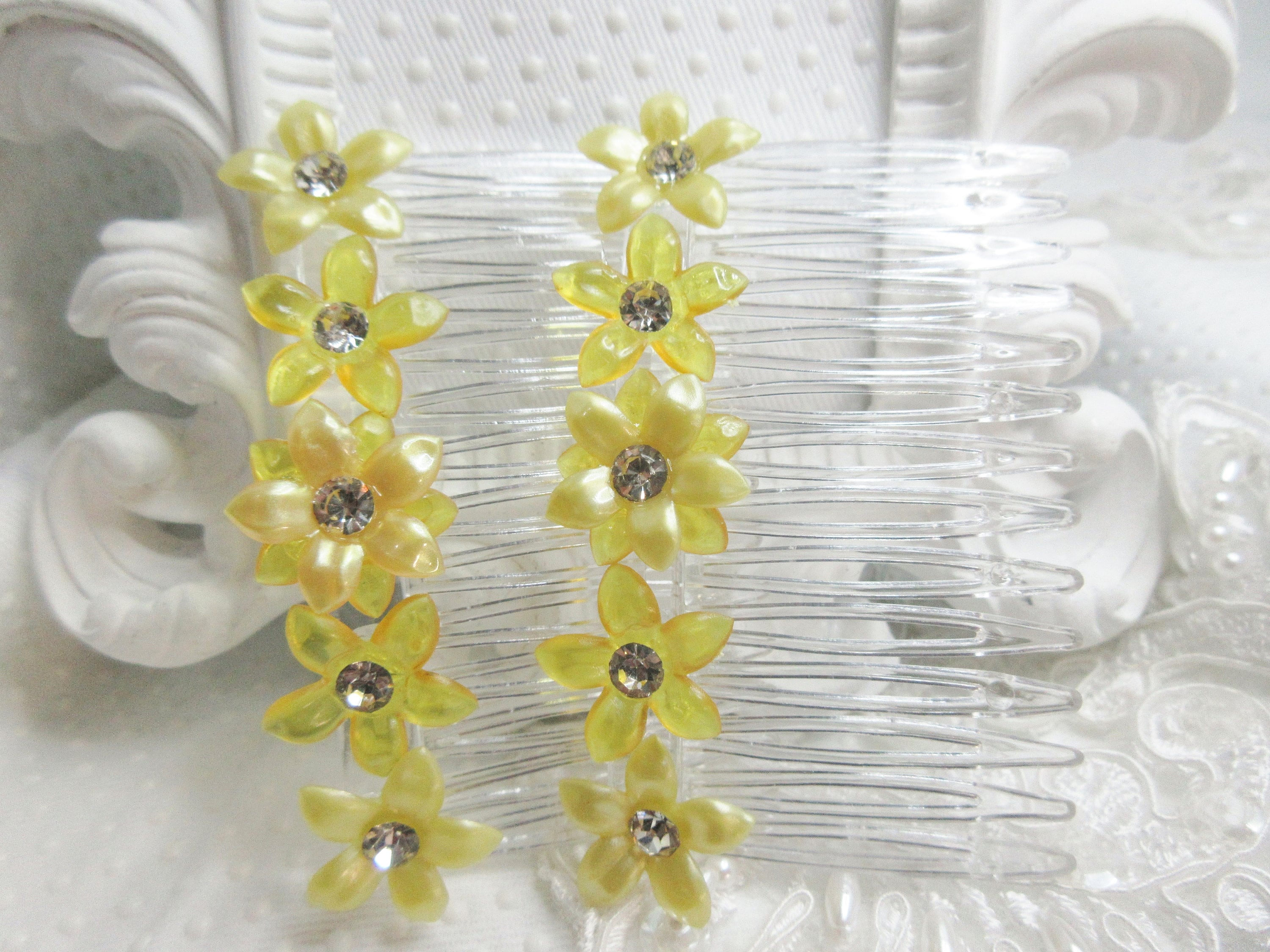 2 Prong Yellow Amber Lucite Victorian Style HAIR STICKS/COMBS Ornate amber celluloid hair combs - set of 2 - 1900s vintage  main image 2