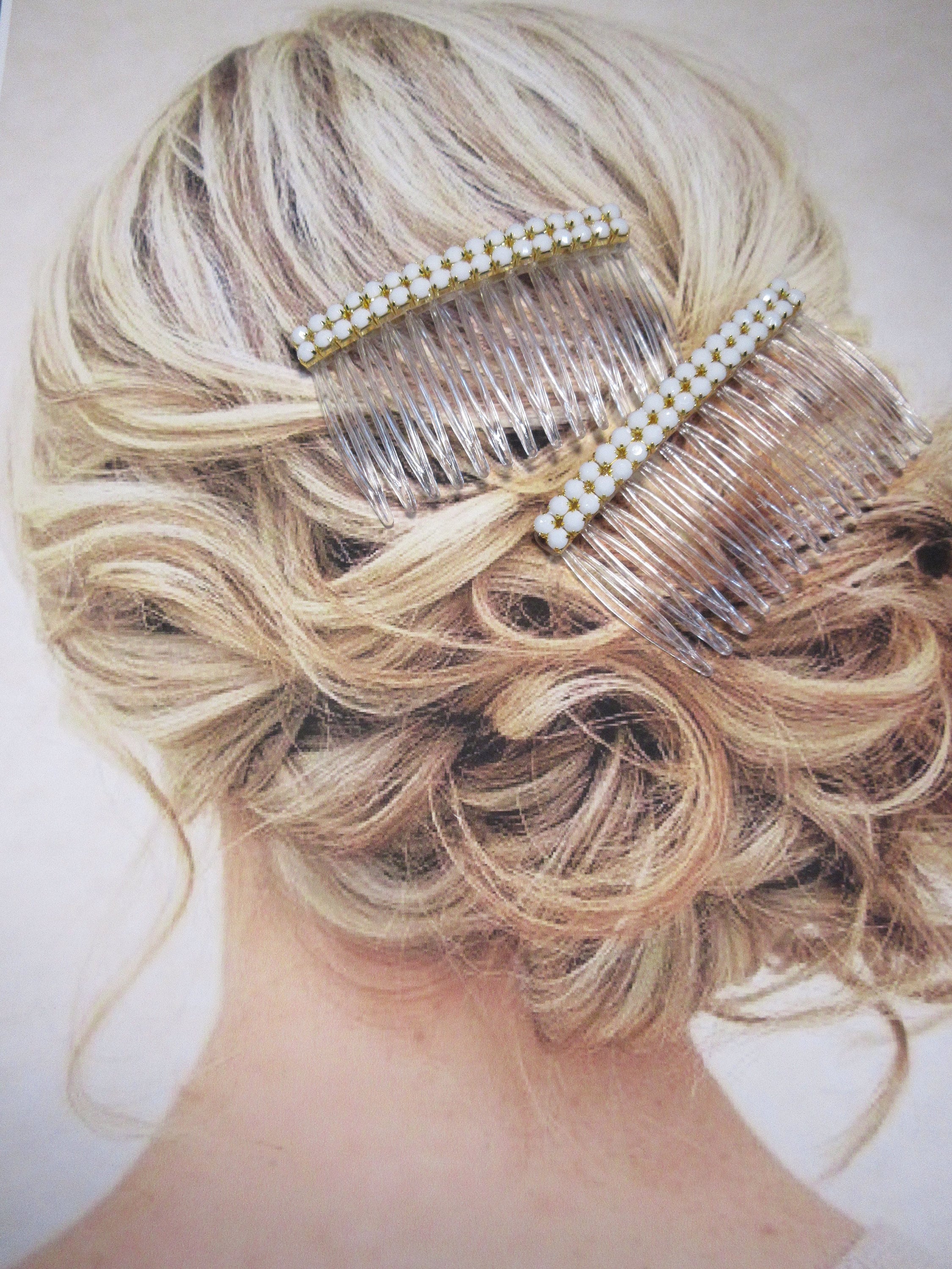 Double row headpiece with side combs Double Row Opaque White Rhinestone Side Hair Comb Pair, Prom  main image 3