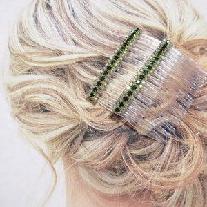 Triple Row AB Clear and Emerald Color Green Rhinestone Side Hair comb Pair Brass Settings AA crystals Holiday Hair comb pair