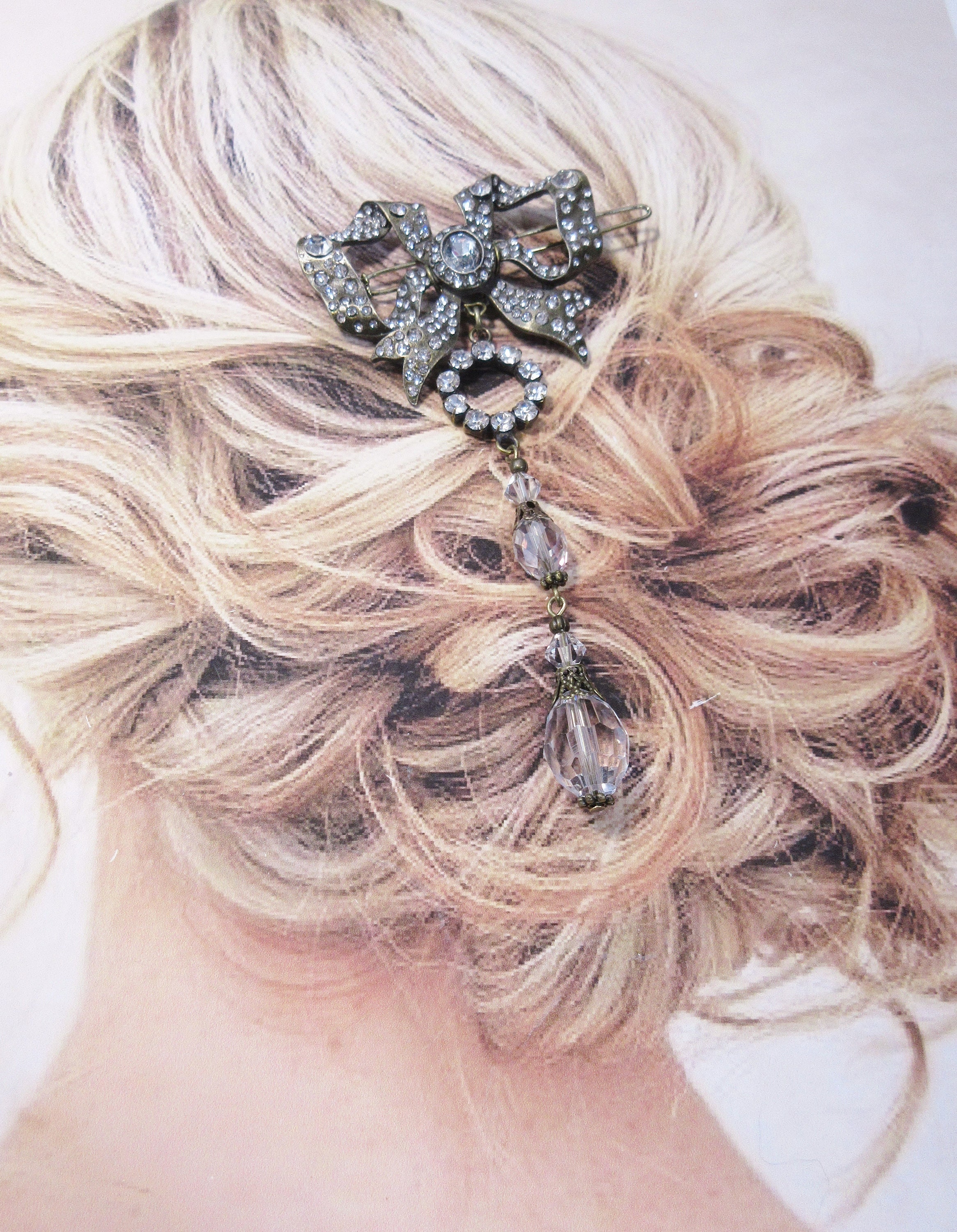 Art Deco Inspired Rhinestone Bow & Vintage Crystals 4