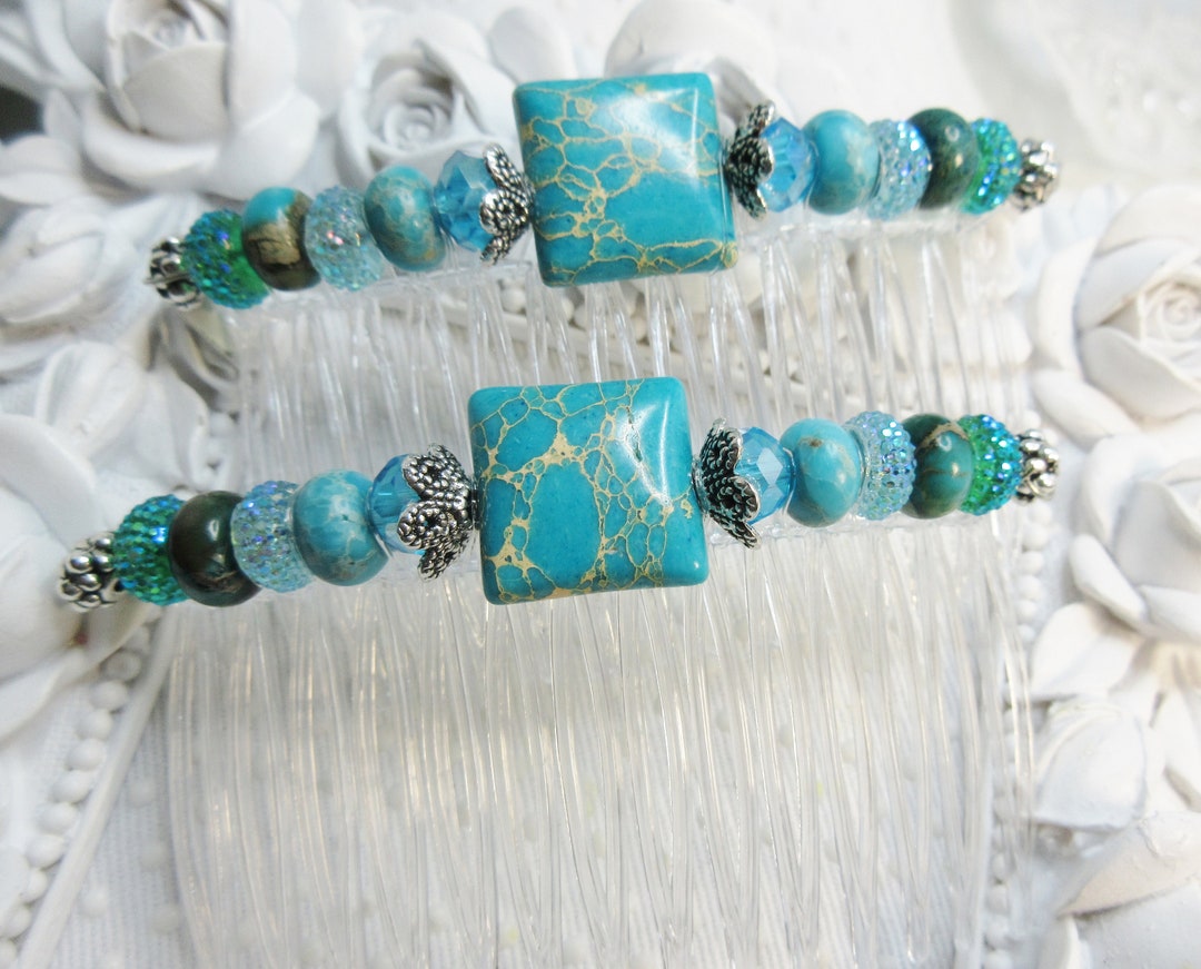 Genuine Imperial Jasper Side Hair Comb Pair SS Plated, Southwest Semi