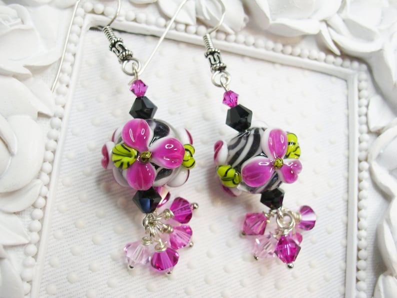 Animal print earrings Zebra earrings SRA lampwork Lotus flower earrings Jungle Earrings Exotic Earrings