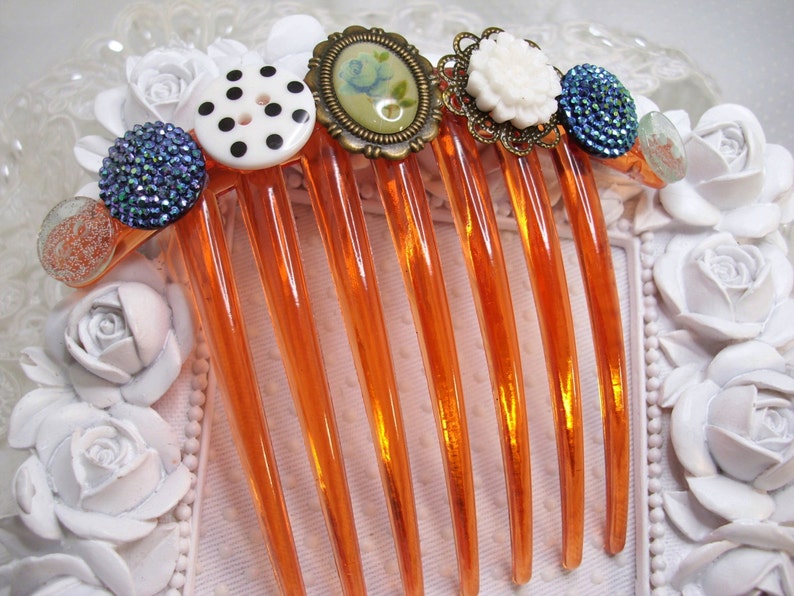 Blue Cameo Roses and Sculptural Roses Buttons Romantic French Comb Gift comb Downton Abbey inspired french comb Victorian look hair comb