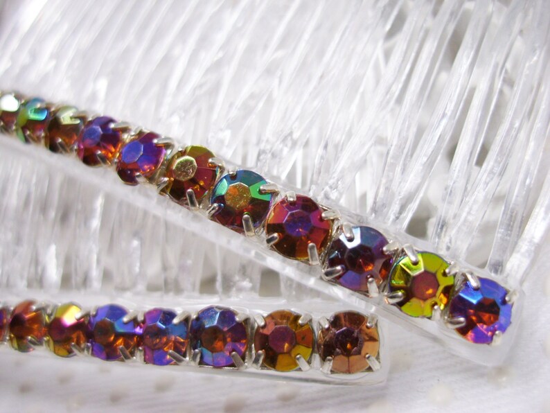Side hair combs 4 mm Aurora Borealis Dark Amber Color Changing Rhinestones Side Hair Comb Pair Amber rhinestone combs prom combs