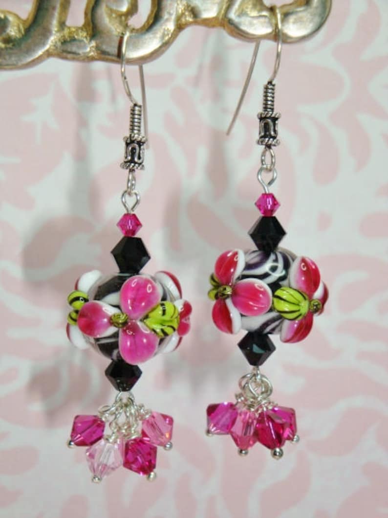 Animal print earrings Zebra earrings SRA lampwork Lotus flower earrings Jungle Earrings Exotic Earrings