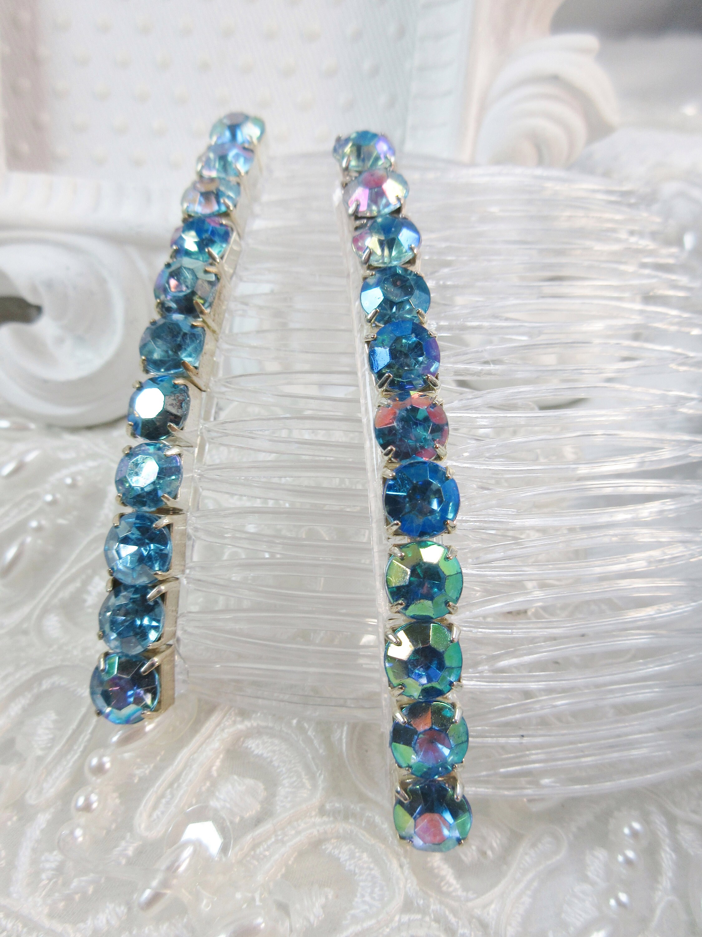 Vintage Aurora Borealis Iridescent Blue and Brown Hair Combs BLUE OPAL HAIR Comb| Rebekajewelry main image 4