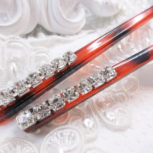 Vintage Tortoise Color Oriental hair stick Pair with added 5mm silver plated set Austrian Crystals