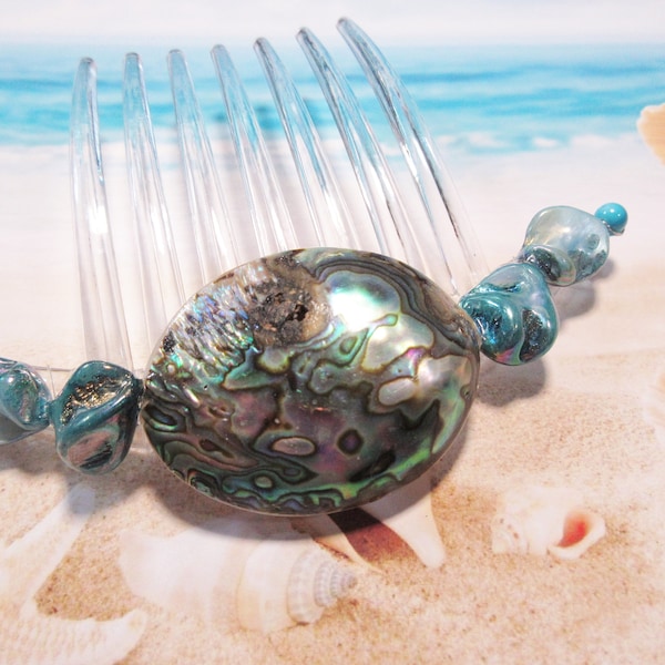 Giant Abalone & Mother of Pearl Sea Shells with Turquoise MOP shells and beads French Hair Comb Extra Sturdy Comb, Wedding or COS play comb