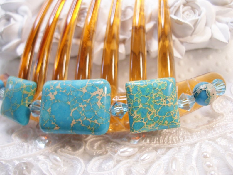 Turquoise Imperial Jasper and Swarovki crystal elements French Twist Large hair comb Jasper French comb gift comb Semi precious hair comb