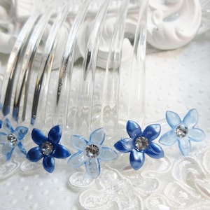 Blue Flowers and Vintage 1960&#39;s Rhinestones Large French hair comb Brides something blue
