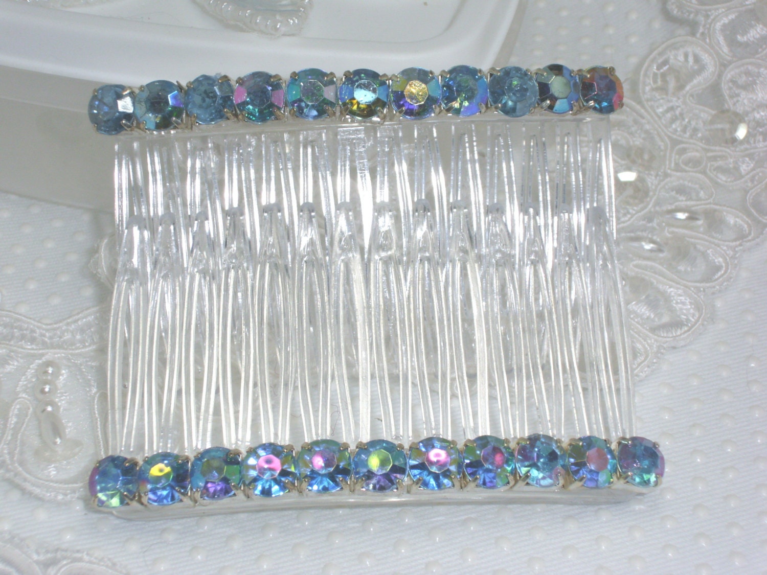 Vintage Aurora Borealis Iridescent Blue and Brown Hair Combs BLUE OPAL HAIR Comb| Rebekajewelry main image 3
