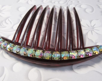 Large 6 mm AB Clear Preciosa Crystal french hair comb THICK comb for all hair types Brown