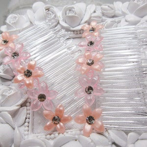 Peach Lucite Flower Side Hair comb pairs Vintage 1960&#39;s Rhinestones, Colorful Wedding Flower hair combs, Spring Vintage combs, Flower combs