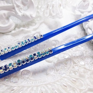 Vintage Blue Oriental hair stick Pair with Pink and Clear Austrian Crystals, Blue Crystal Hair Sticks pair Office Dance Wedding