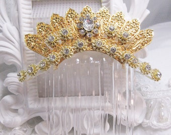 Bridal Hair Comb Dramatic Art Noveau Crystal Gold Fan Large Hair Comb