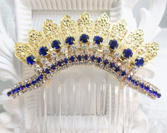 Dramatic Cobalt and Clear Crystal Gold Color Crown Fan Hair comb