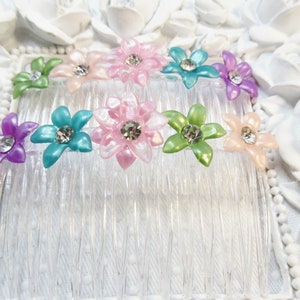 Multi Color Lucite Flower Side Hair comb pairs with Vintage 1960&#39;s Rhinestones, Frieda floral comb pair, Vintage floral combs, Wedding combs