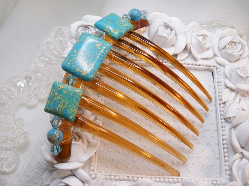 Turquoise Imperial Jasper and Swarovki crystal elements French Twist Large hair comb Jasper French comb gift comb Semi precious hair comb