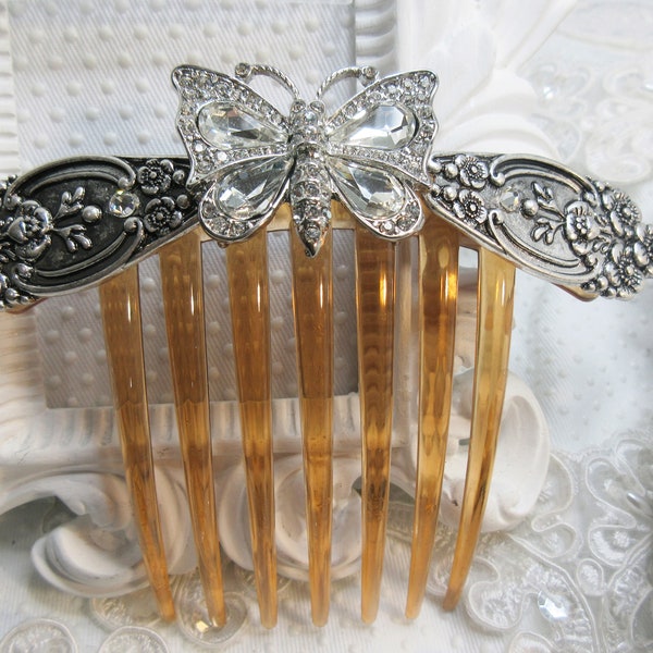 Beautiful Butterfly Rhinestone French Hair comb with Spoon parts, Butterfly French Comb, Silver tone metal Butterfly rhinestone hair comb