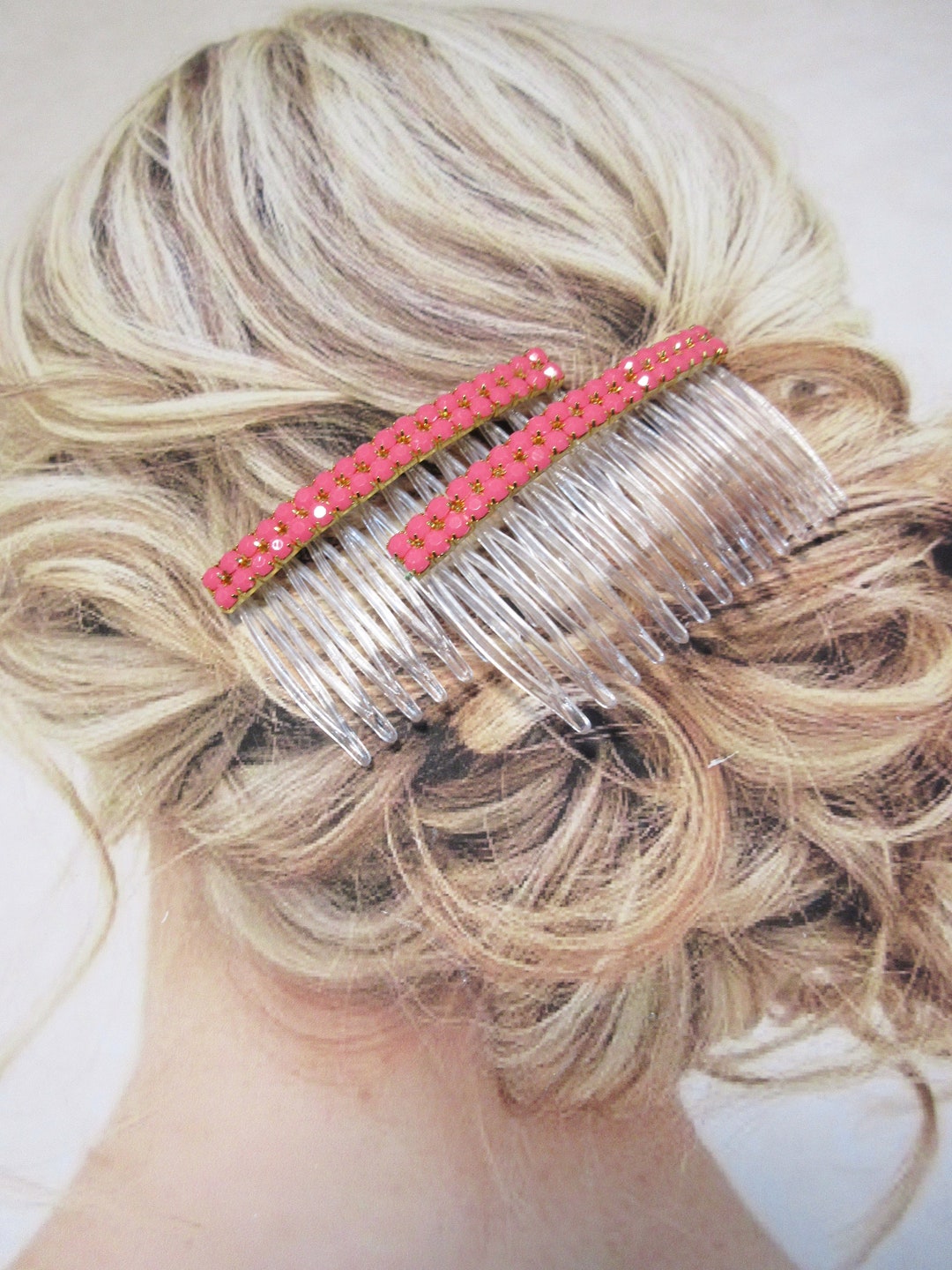 Double Row Opaque Coral Rhinestone Side Hair Comb Pair, Prom  display picture 2