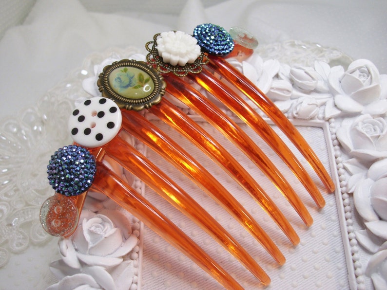 Blue Cameo Roses and Sculptural Roses Buttons Romantic French Comb Gift comb Downton Abbey inspired french comb Victorian look hair comb