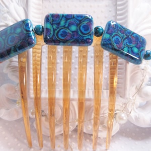 Peacock Imprinted Howlite and Australian Jasper French Hair comb, Peacock large french comb, Peacock colors French Comb, Brown hair comb