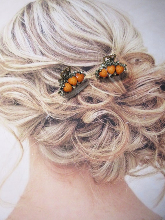 Vintage Set of Two Mini Hair Clip Claws with Oran… - image 2