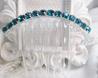 8 mm Aquamarine Crystal Rhinestone French Hair Comb silver plated setting AAA rated crystals