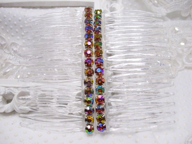 Side hair combs 4 mm Aurora Borealis Dark Amber Color Changing Rhinestones Side Hair Comb Pair Amber rhinestone combs prom combs