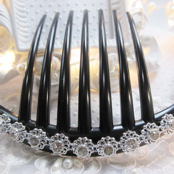 Aztec Sun Rhinestone French Twist hair comb in black with silver tone trim, Large hair comb, french comb, Large french comb, dark hair comb