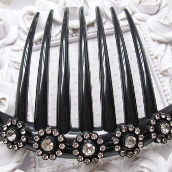 Vintage Bridal Trim Rhinestone French Hair comb, Black Hair comb Rhinestones, Dance Recital hair comb, Light and Easy to wear large comb