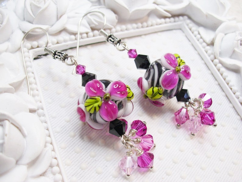 Animal print earrings Zebra earrings SRA lampwork Lotus flower earrings Jungle Earrings Exotic Earrings