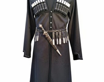 Casaco Chokha Georgiano Preto Feito à Mão | Traje de Casamento do Cáucaso, Roupa Folclórica Masculina, Traje Tradicional de Noivo Cherkeska, Qualquer Tamanho