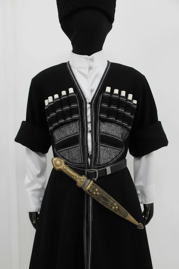 Black Wool Georgian Chokha | Handmade Mens National Ethnic Coat