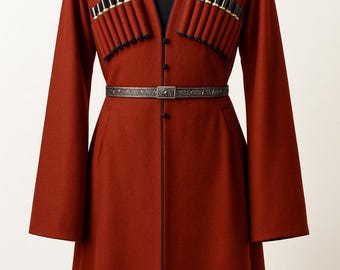 May include: A rust-coloured coat with a V-neck, long sleeves, and a decorative belt. The coat features black trim and decorative pockets with black and gold accents. The coat is displayed on a mannequin.