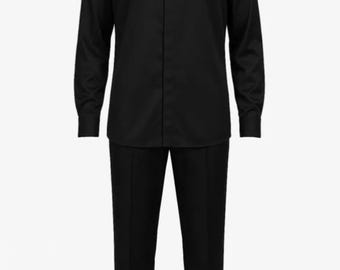 May include: A black formal suit, comprising a long-sleeved shirt with a mandarin collar and matching trousers. The shirt features a button-down front. The suit is made of a solid, dark fabric.