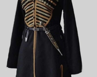Black Georgian Chokha With Gold Embroidery | Handmade Wool Coat