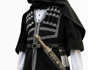Black Georgian Chokha Set | Coat with Akhalukhi, Kabalakhi and Belt