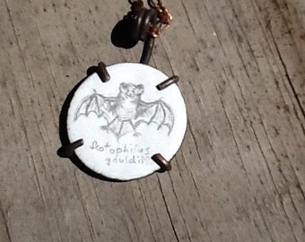 Bat Illustration Halloween Drawing on White Enameled Copper Disk 22mm 7/8" Oxidized Copper Pendant Necklace